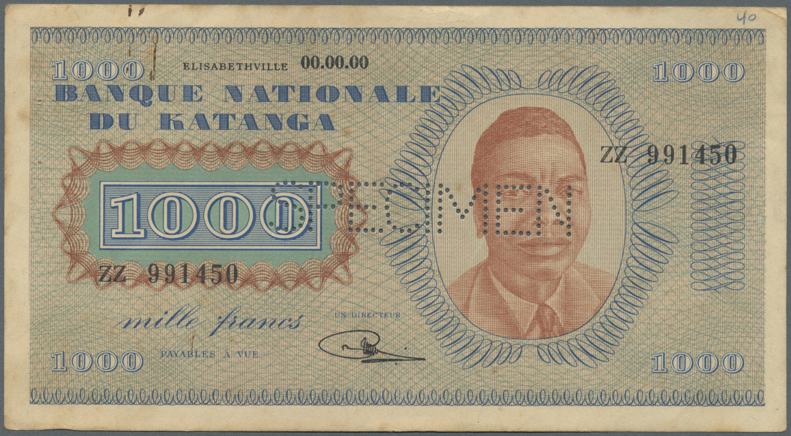 01333 Katanga: 1000 Francs 1960 Specimen With Regular Serial Number P. 10s, Used With Light Handling And Stain In Paper, - Other - Africa