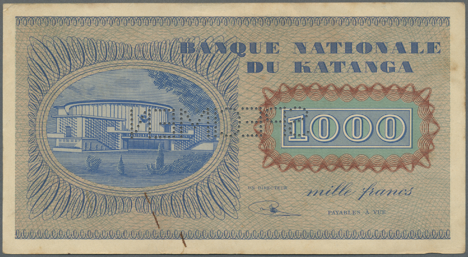 01333 Katanga: 1000 Francs 1960 Specimen With Regular Serial Number P. 10s, Used With Light Handling And Stain In Paper, - Other - Africa