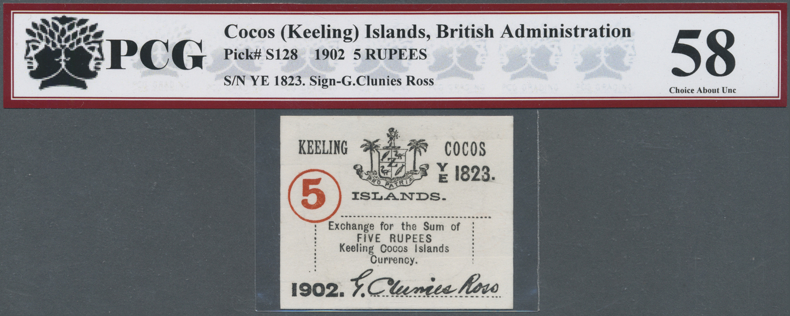 01343 Keeling / Cocos Islands: 5 Rupees 1902 P. S128, PCG Graded 58 Chouce AUNC. - Other & Unclassified