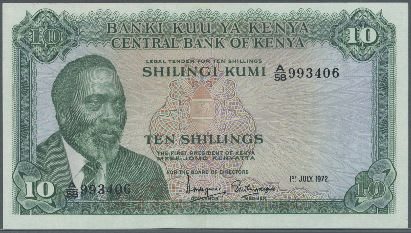 01344 Kenya / Kenia: 10 Shillings 1972 P. 7c, Light Center Fold, Probably Pressed, Condition: XF. - Kenya