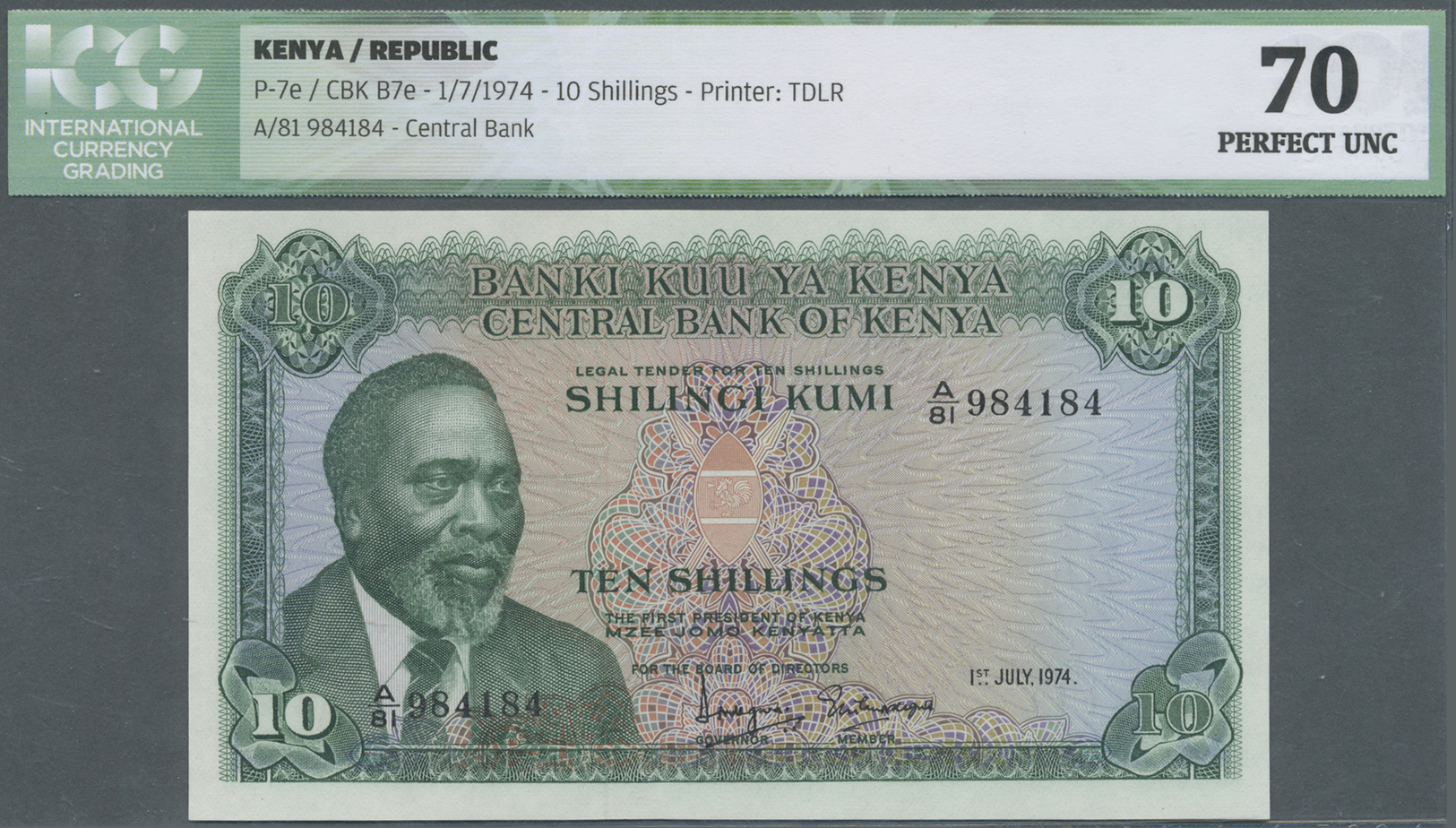 01345 Kenya / Kenia: Set Of 2 CONSECUTIVE Notes 10 Shillings 1974 P. 7e, Both ICG Graded As 70 Perfect UNC. (2 Pcs) - Kenya