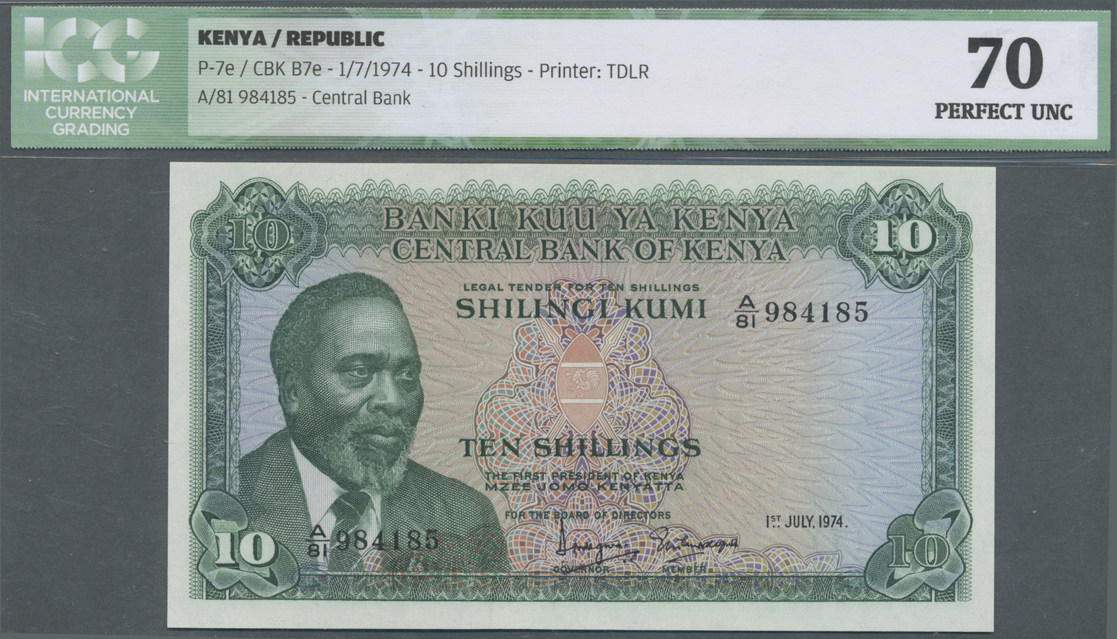 01345 Kenya / Kenia: Set Of 2 CONSECUTIVE Notes 10 Shillings 1974 P. 7e, Both ICG Graded As 70 Perfect UNC. (2 Pcs) - Kenya