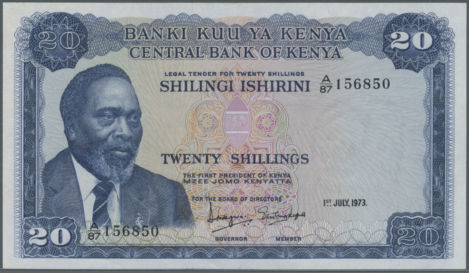 01346 Kenya / Kenia: 20 Shillings 1973 P. 8d, Light, Center Fold, Light Creases At Upper Border, Condition: XF. - Kenya