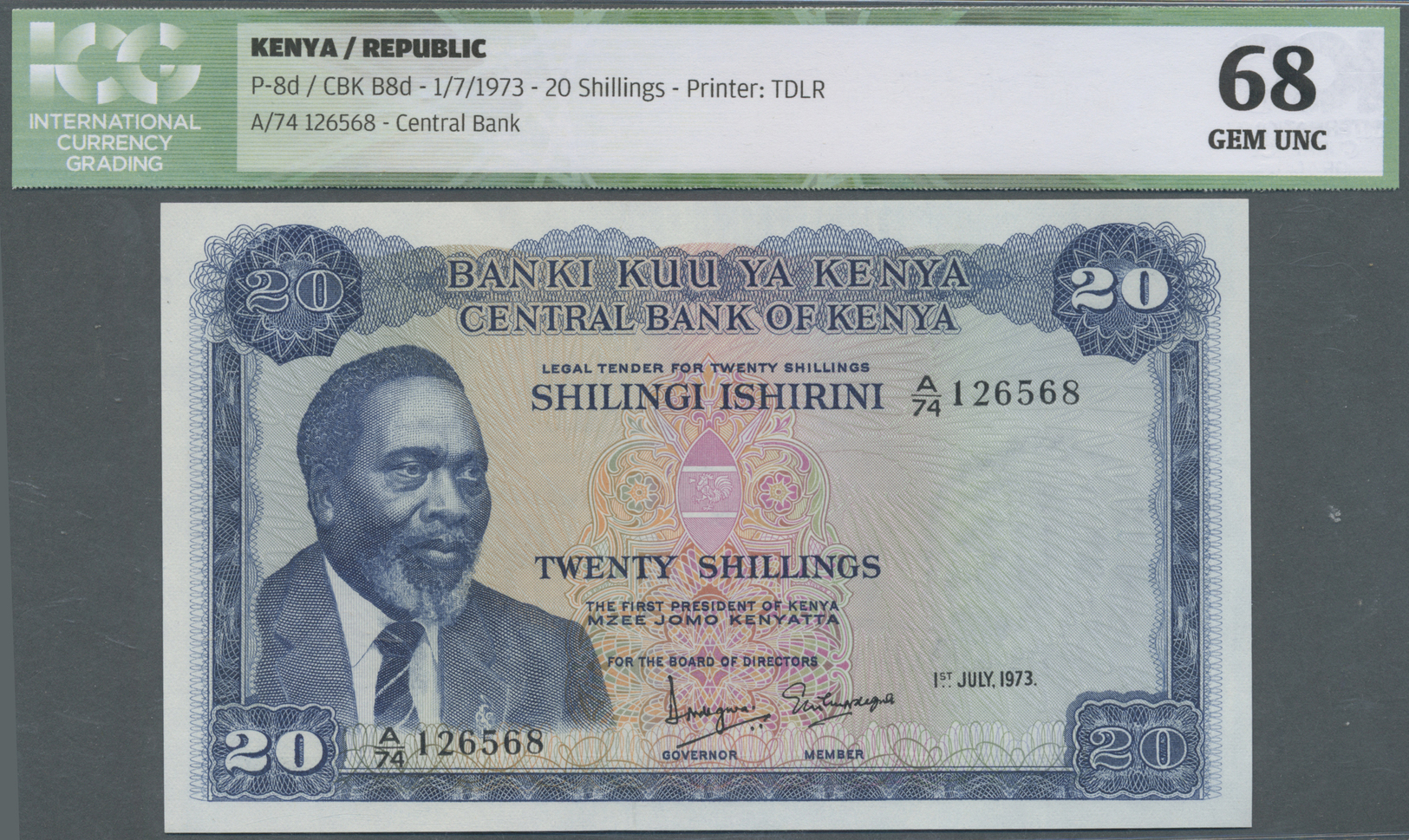 01347 Kenya / Kenia: Set Of 2 Notes 20 Shillings 1983 CONSECUTIVE P. 8d, Both ICG Graded 68 GEM UNC. (2 Pcs) - Kenya