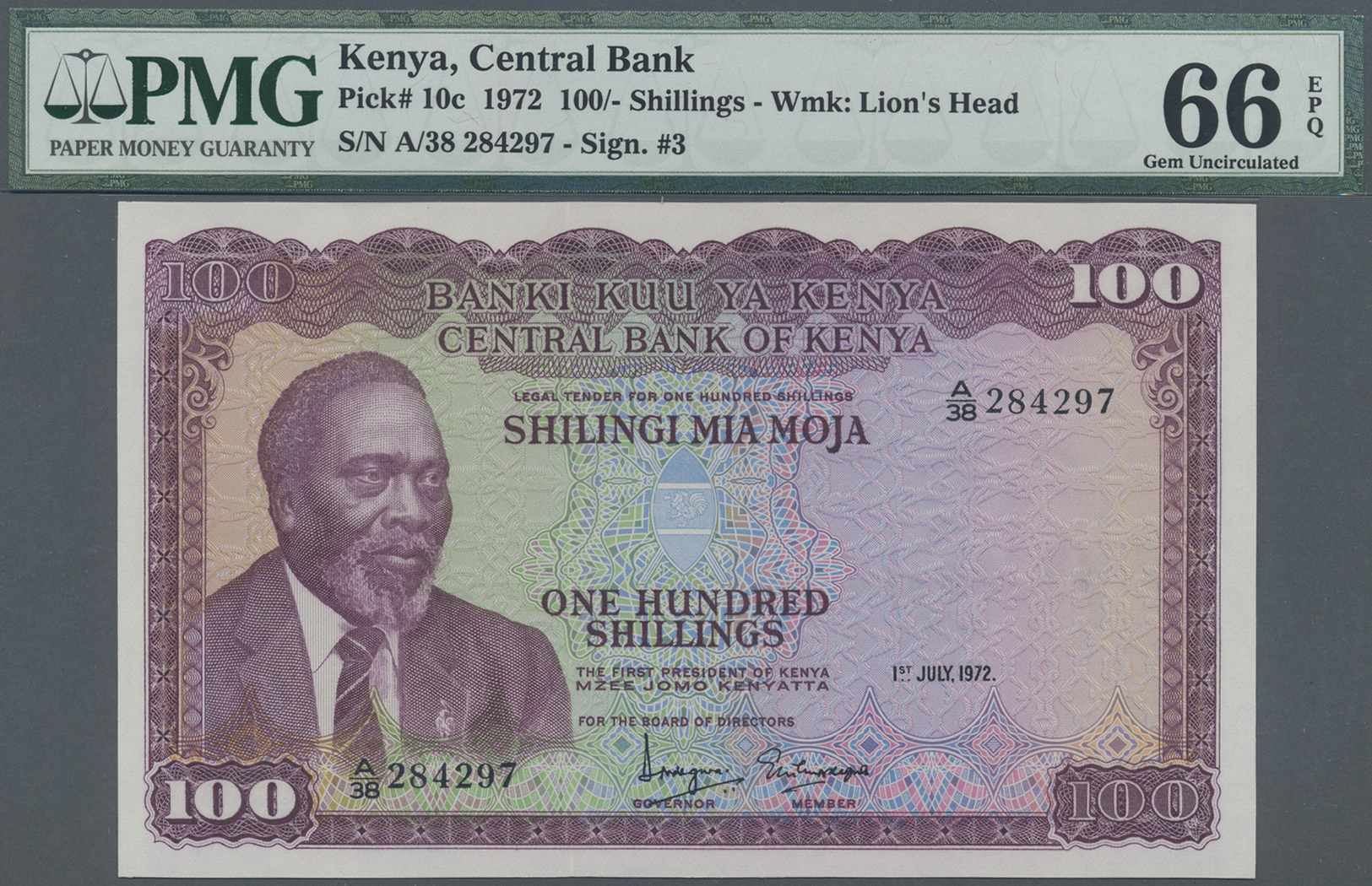 01348 Kenya / Kenia: 100 Shillings July 1st 1972, P.10c In Perfect Uncirculated Condition, PMG Graded 66 Gem Uncirculate - Kenya