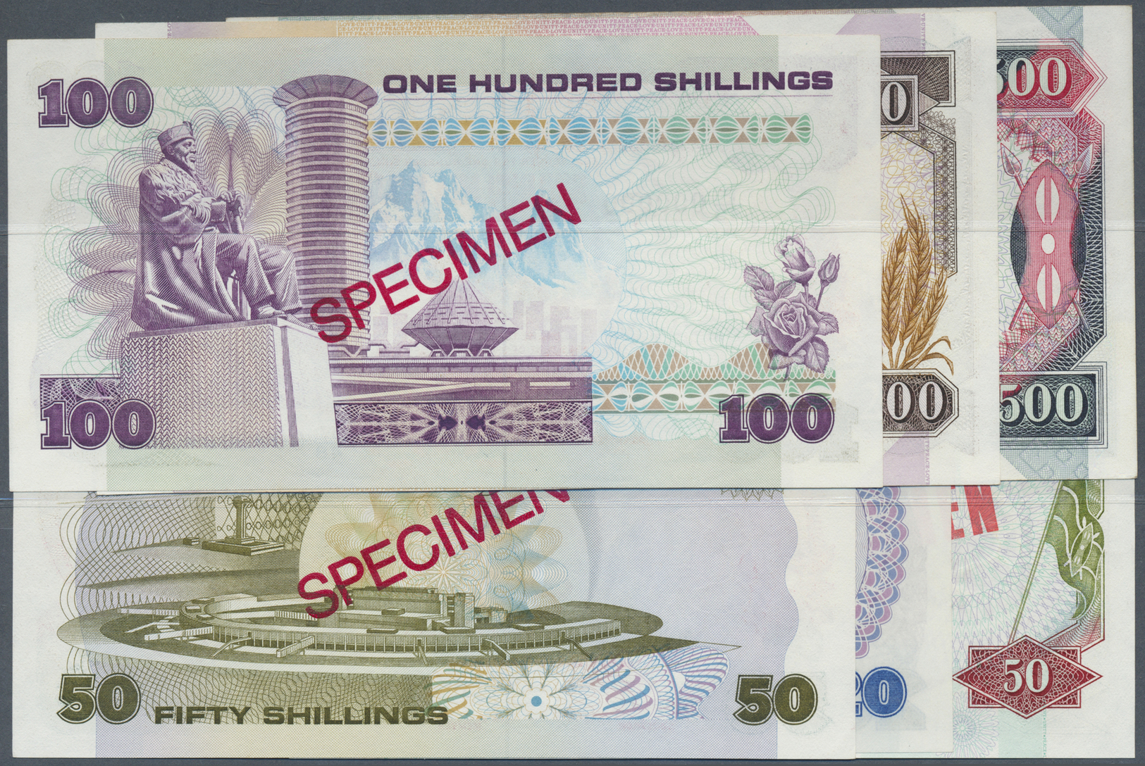 01349 Kenya / Kenia: Set Of 6 Different Specimen Banknotes Containing 20 Shillings 1981, 50 Shillings 1988, 100 Shilling - Kenya
