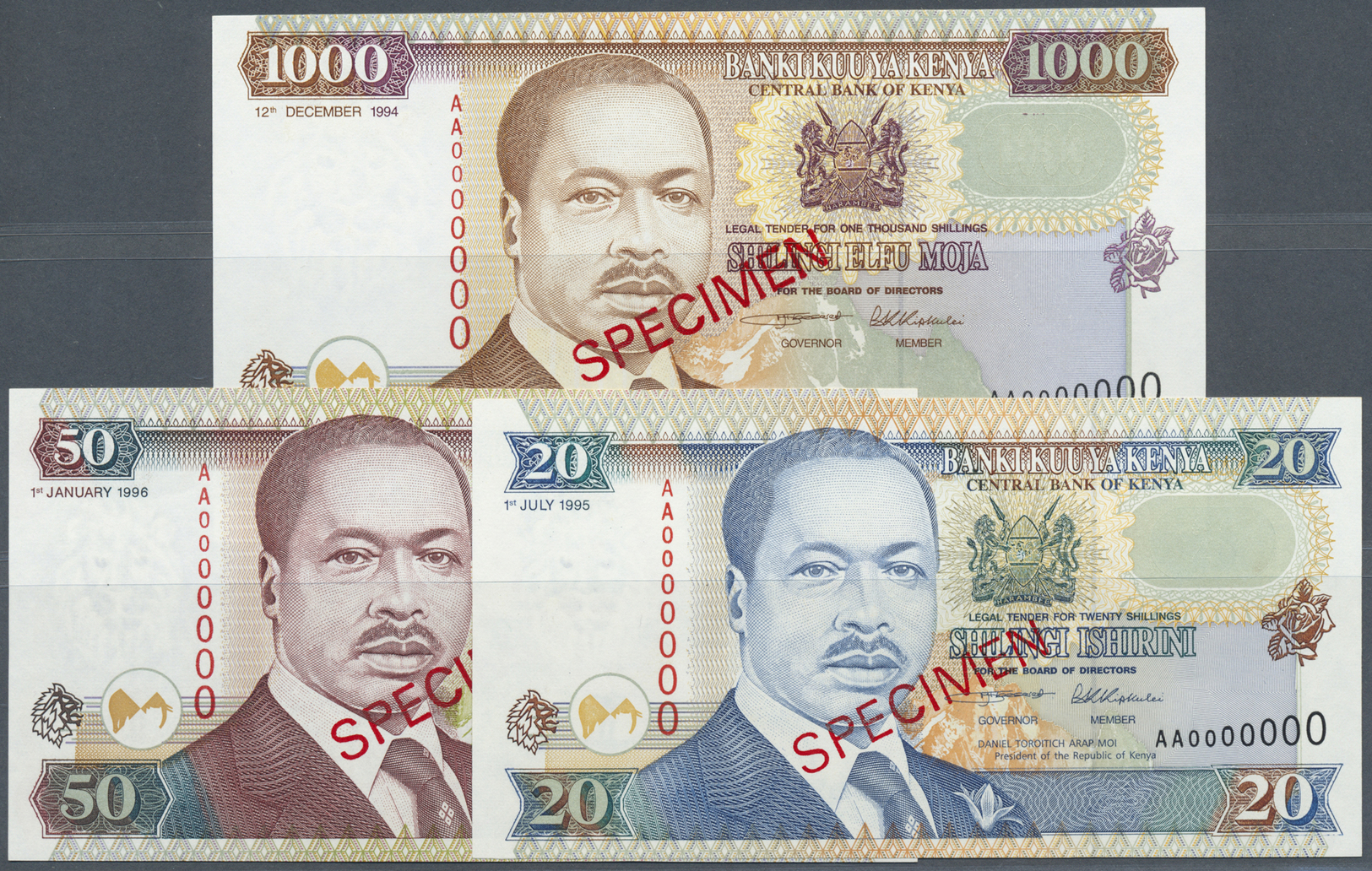 01351 Kenya / Kenia: Set Of 3 Different SPECIMEN Banknotes Containing 20 Shillingi 1995 P. 32s, 1000 Shillingi 1994 P. 3 - Kenya