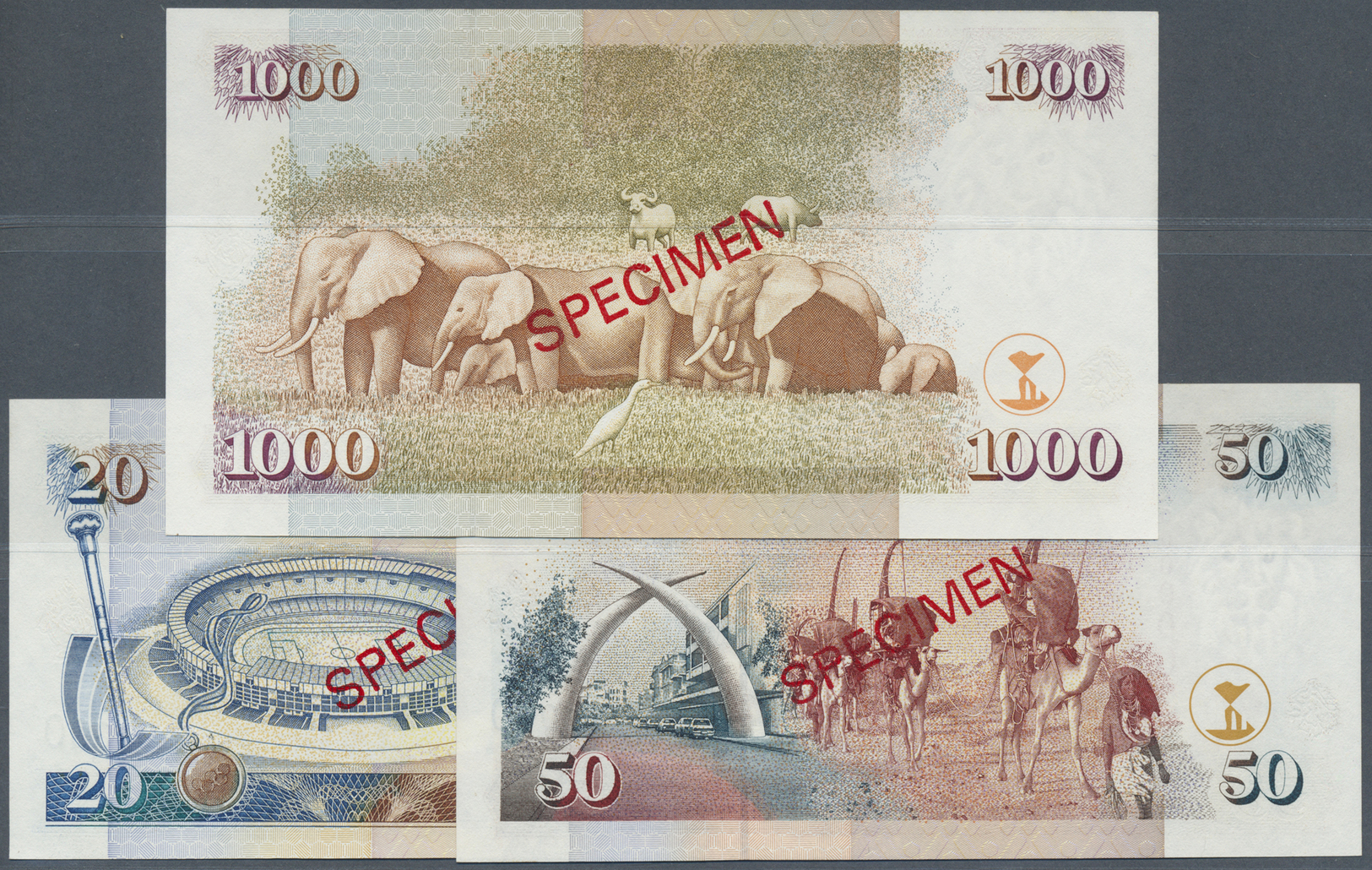 01351 Kenya / Kenia: Set Of 3 Different SPECIMEN Banknotes Containing 20 Shillingi 1995 P. 32s, 1000 Shillingi 1994 P. 3 - Kenya