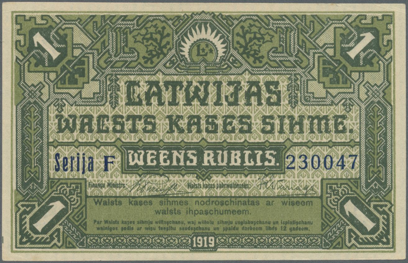 01379 Latvia / Lettland: 1 Ruble 1919 P. 2a, Only One Minor Corner Fold, In Condition: AUNC. - Latvia