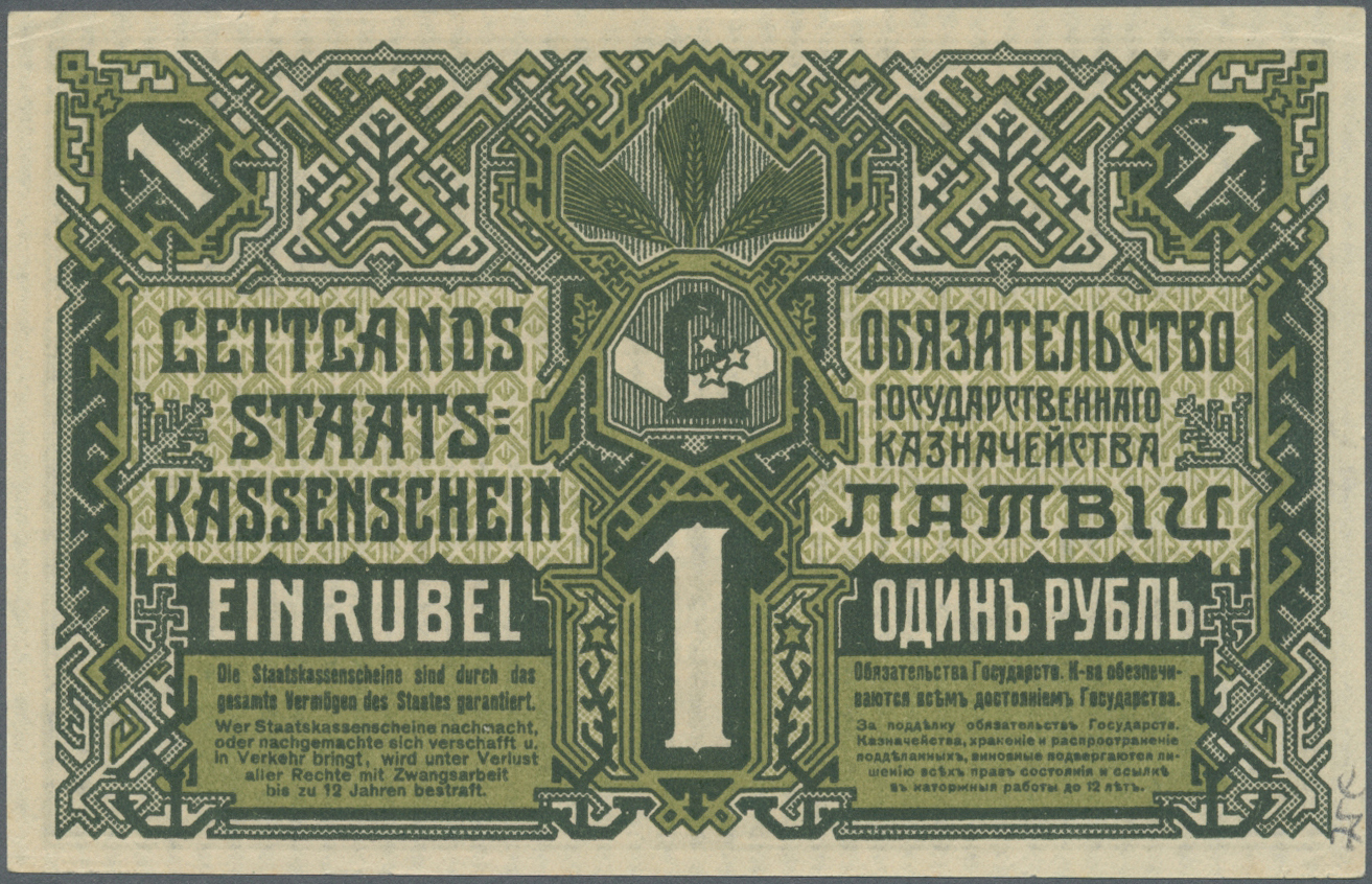 01379 Latvia / Lettland: 1 Ruble 1919 P. 2a, Only One Minor Corner Fold, In Condition: AUNC. - Latvia