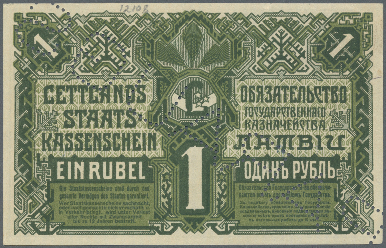 01382 Latvia / Lettland: Rare Specimen Of 1 Rubli 1919 P. 2bs, Series "F" With Zero Serial Numbers, "PARAUGS" Perforatio - Latvia