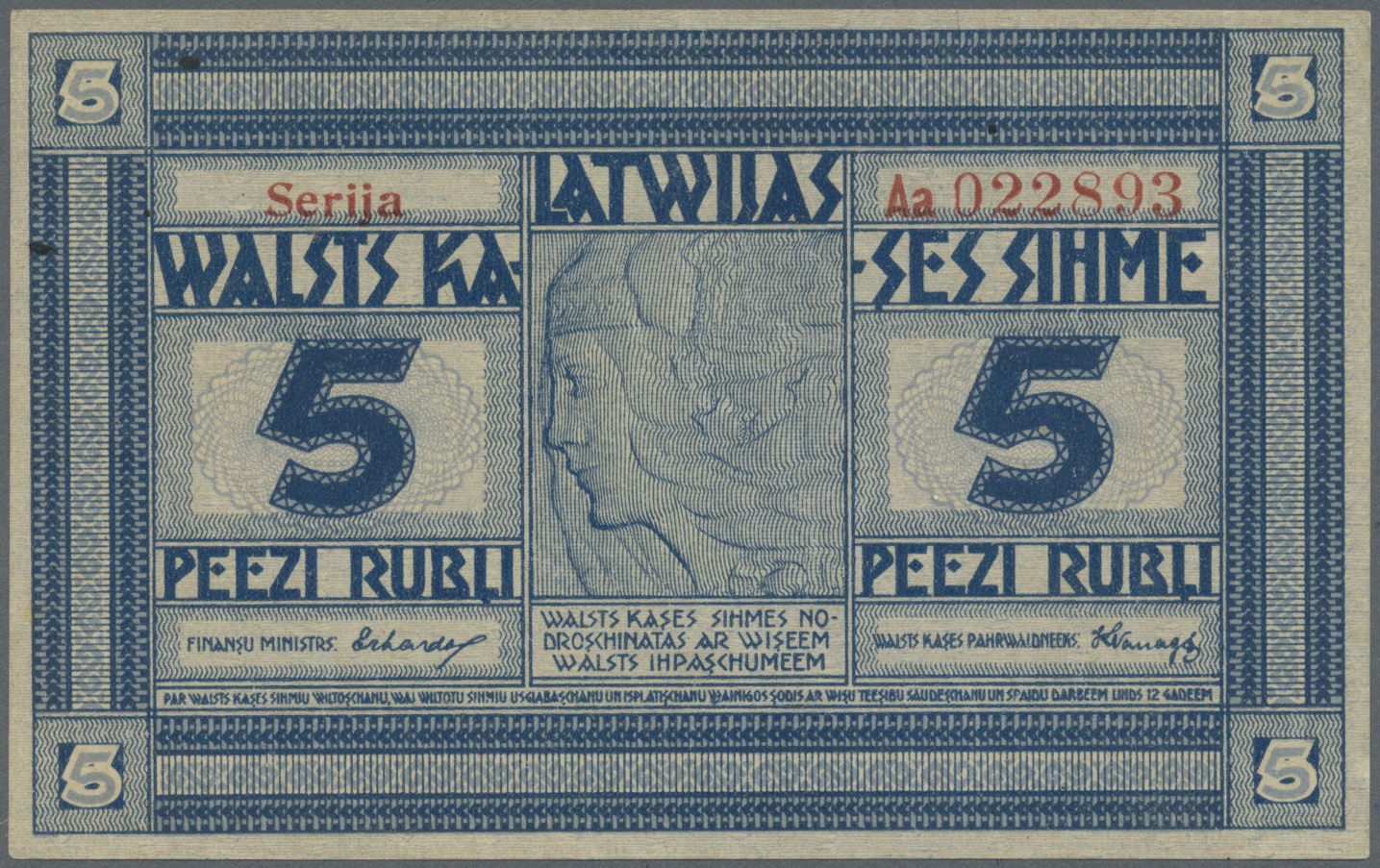 01383 Latvia / Lettland: 5 Rubli 1919 P. 3a, Series "Aa", Signature Erhards, Issued From 1919 Till 1925, 250.000 Of Thes - Latvia