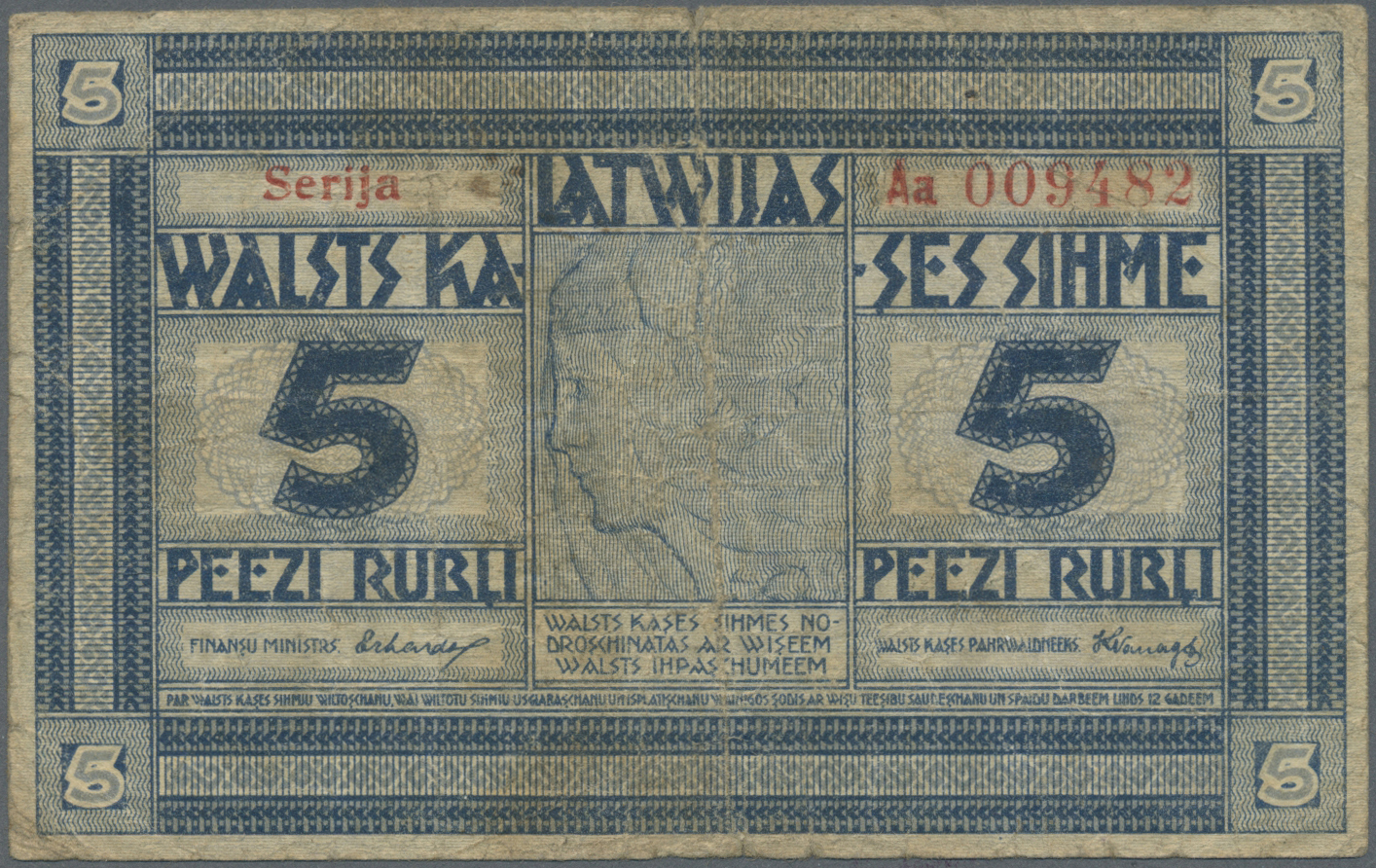 01384 Latvia / Lettland: 5 Rubli 1919 P. 3a, Series "Aa", Signature Erhards, Issued From 1919 Till 1925, 250.000 Of Thes - Latvia