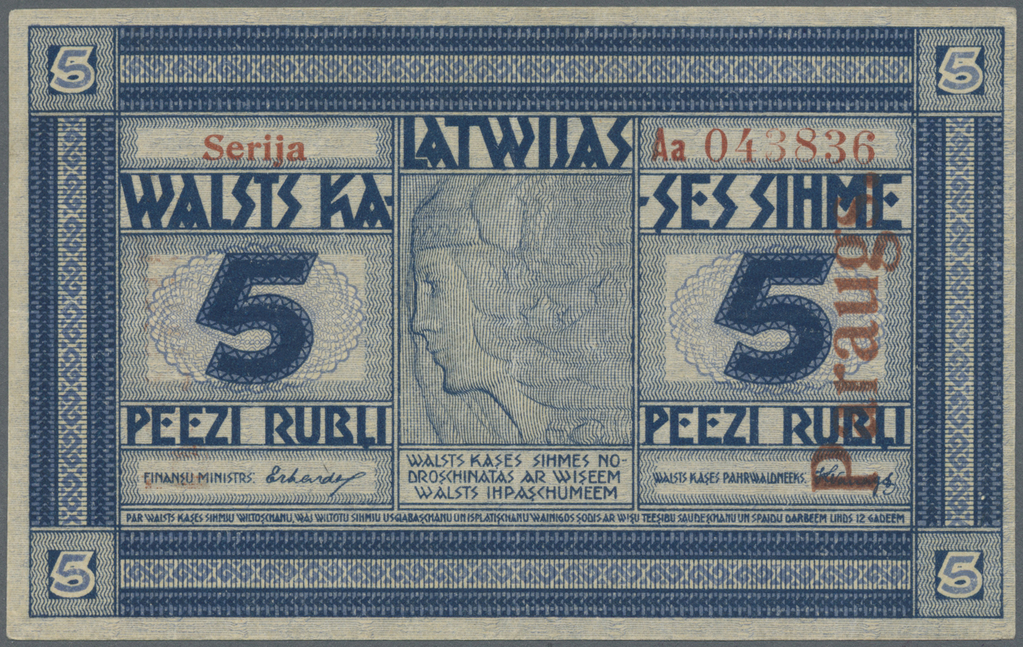 01385 Latvia / Lettland: Rare SPECIMEN Note 5 Rubli 1919 Series "Aa", Regular Serial Number, "PARAGUS" Overprint In Red - Latvia