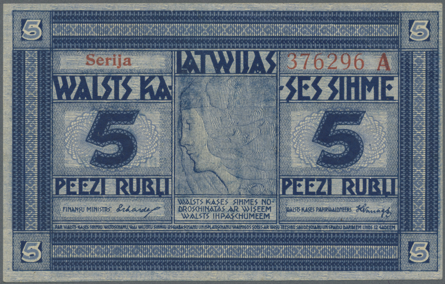 01386 Latvia / Lettland: 5 Rubli 1919 P. 3b, Series "A", Signature Erhards, Issued From 1919 Till 1925, 750.000 Of These - Latvia