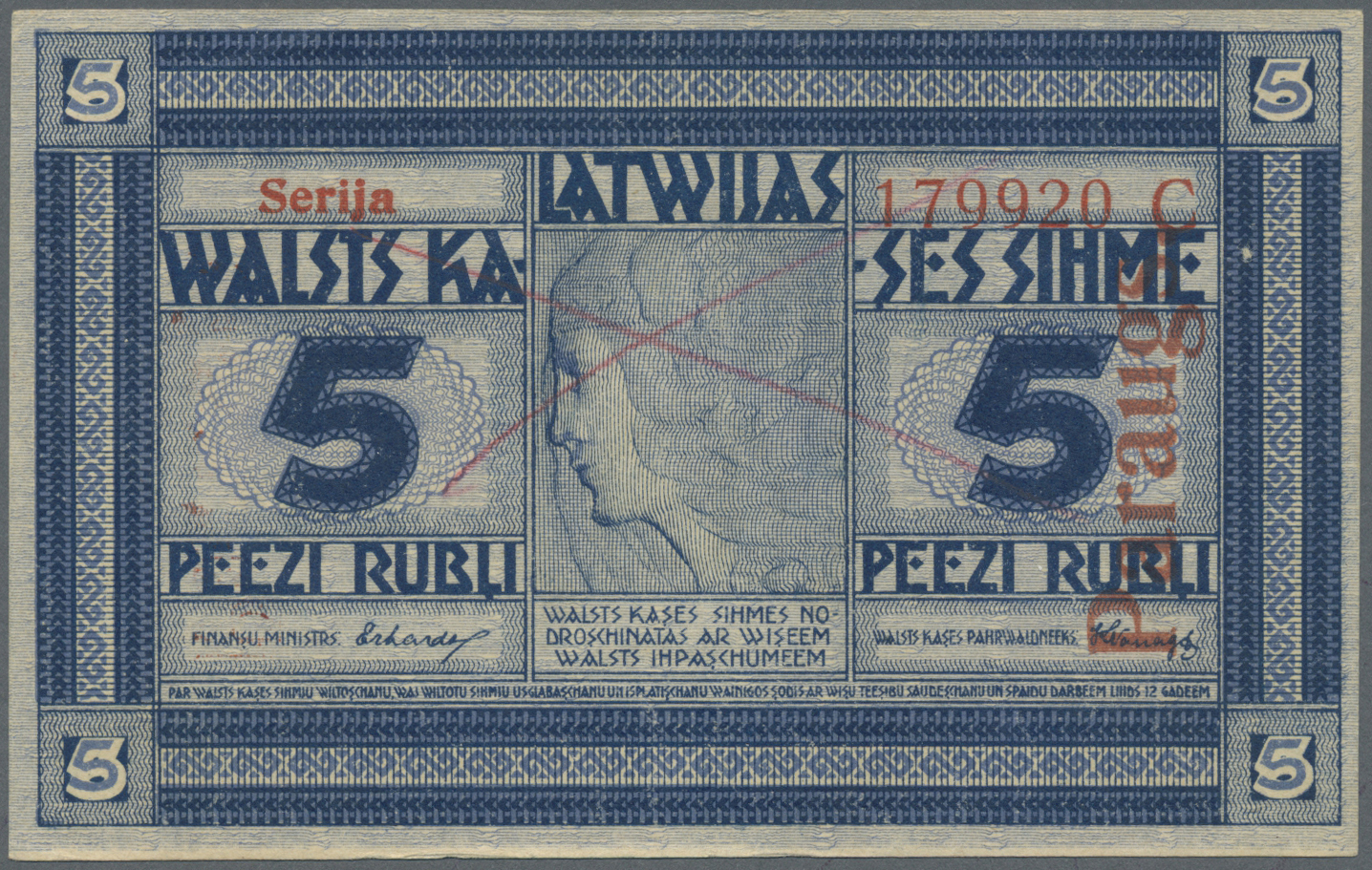01387 Latvia / Lettland: Rare SPECIMEN Note 5 Rubli 1919 Series "C", Regular Serial Number, "PARAGUS" Overprint In Red A - Latvia