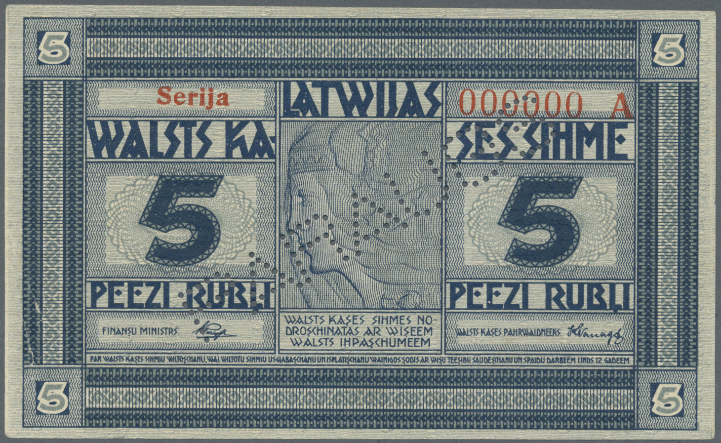 01388 Latvia / Lettland: Rare SPECIMEN Note 5 Rubli 1919 Series "A", Zero Serial Number, "PARAGUS" Perforation At Center - Latvia