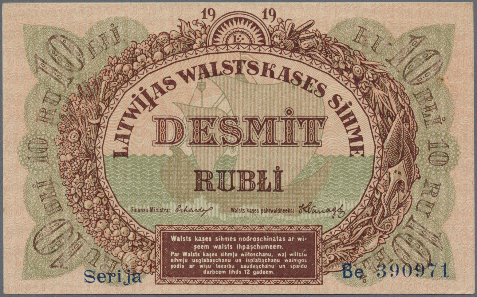 01396 Latvia / Lettland: 10 Rubli 1919 P. 4b, Series "Be", Sign. Erhards, Light Dints At Lower Right Corner, Condition: - Latvia