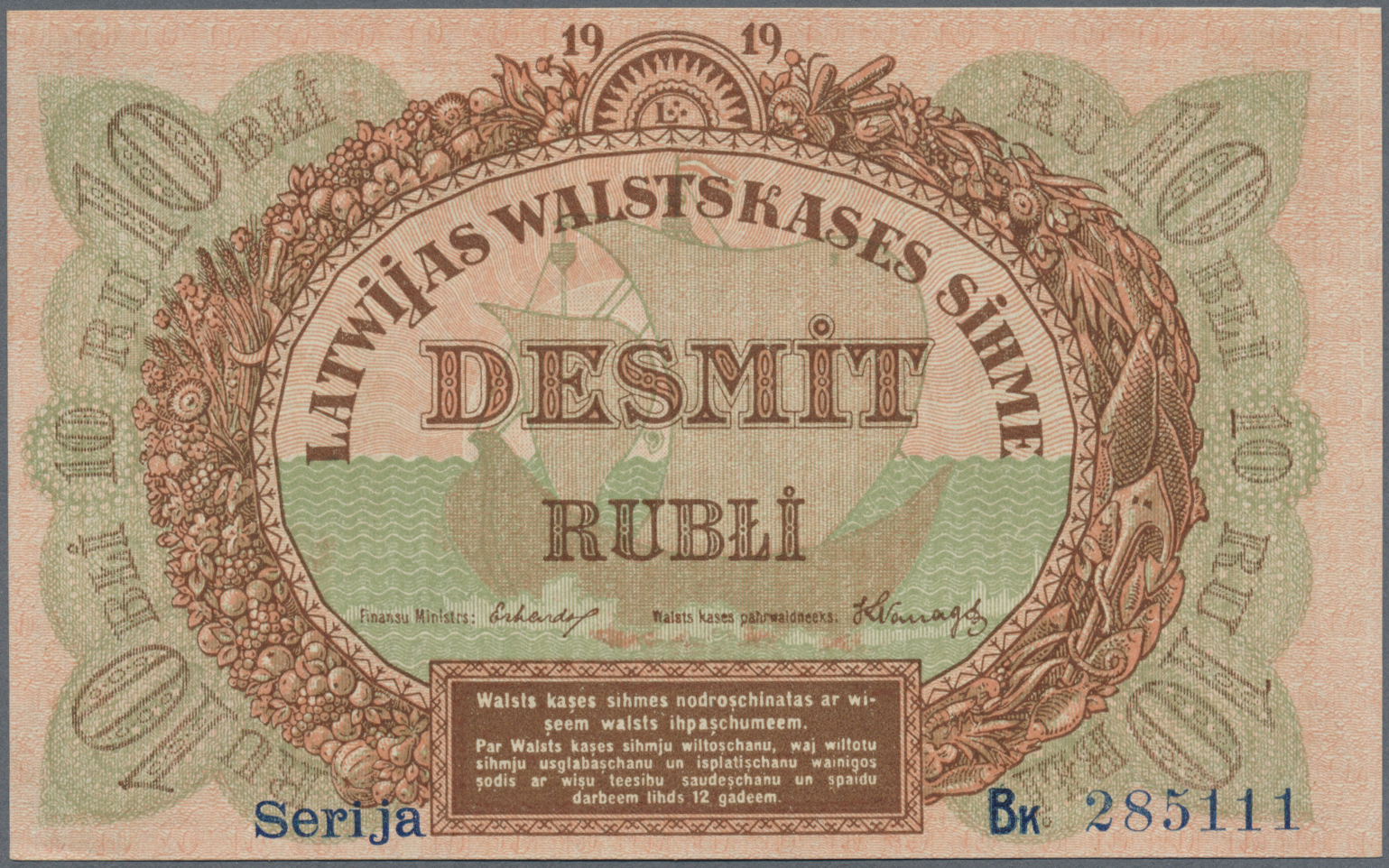 01397 Latvia / Lettland: 10 Rubli 1919 P. 4b, Series "Bk", Sign. Erhards, Very Light Center Fold, No Holes Or Tears, Cri - Latvia