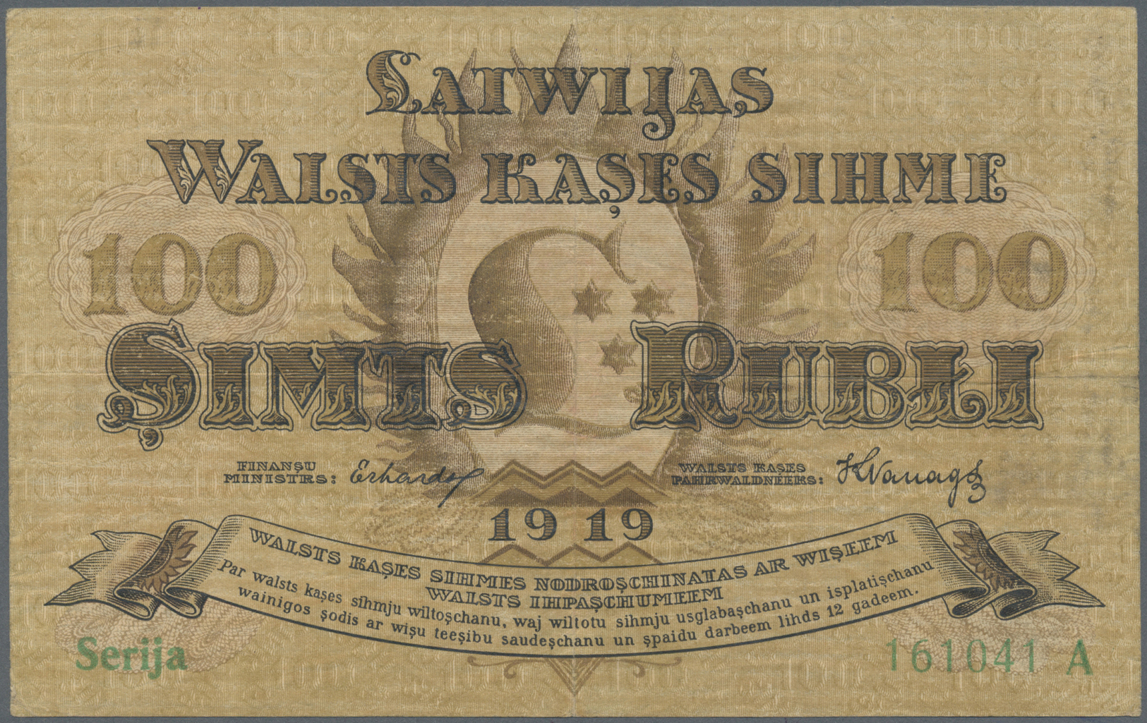01416 Latvia / Lettland: 100 Rubli 1919 P. 7a, Series "A", Sign. Erhards, Center Fold And Light Handling In Paper, Paper - Latvia