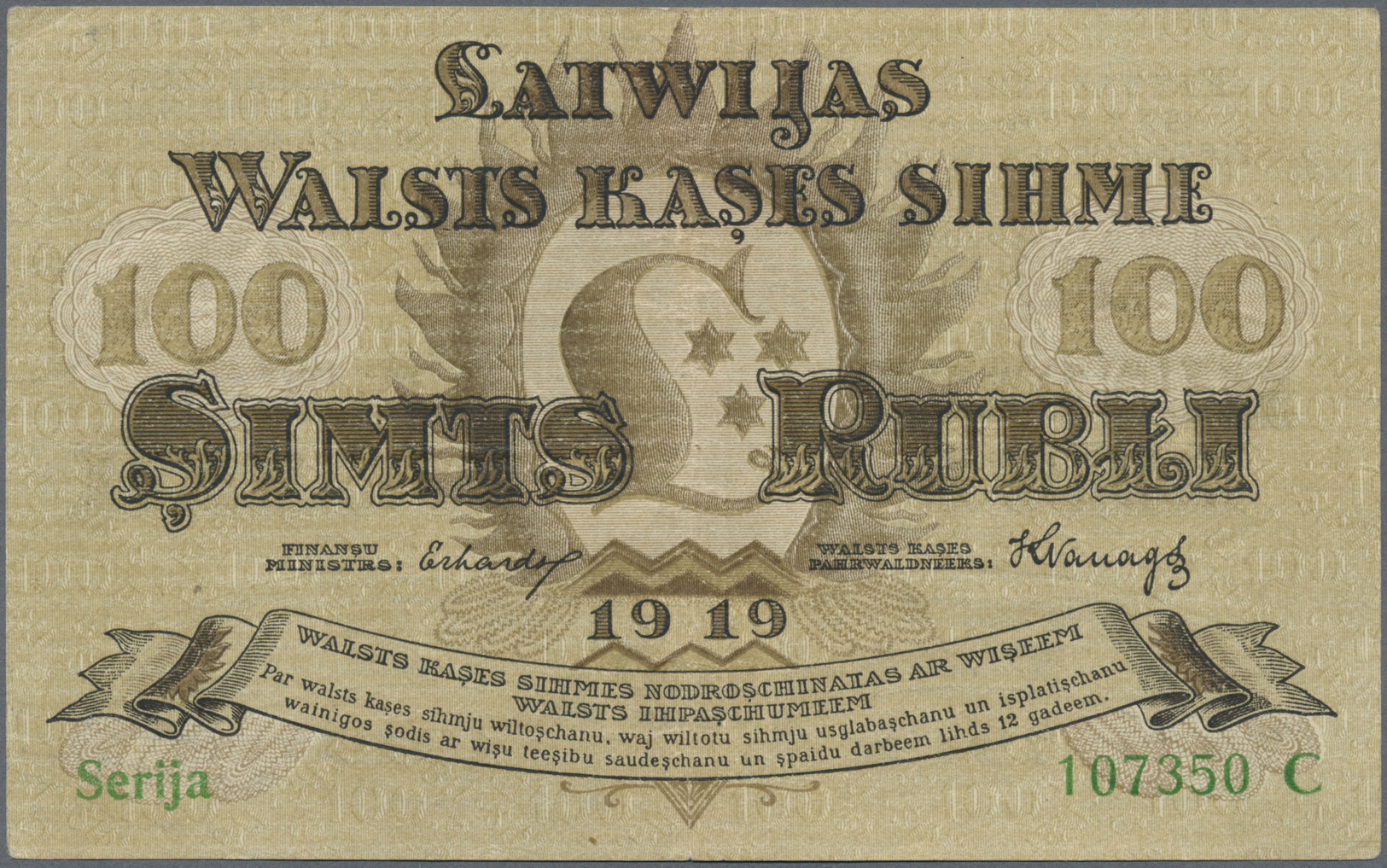 01418 Latvia / Lettland: 100 Rubli 1919 P. 7a, Series "C", Sign. Erhards, Center Fold And Creases In Paper, No Holes Or - Latvia