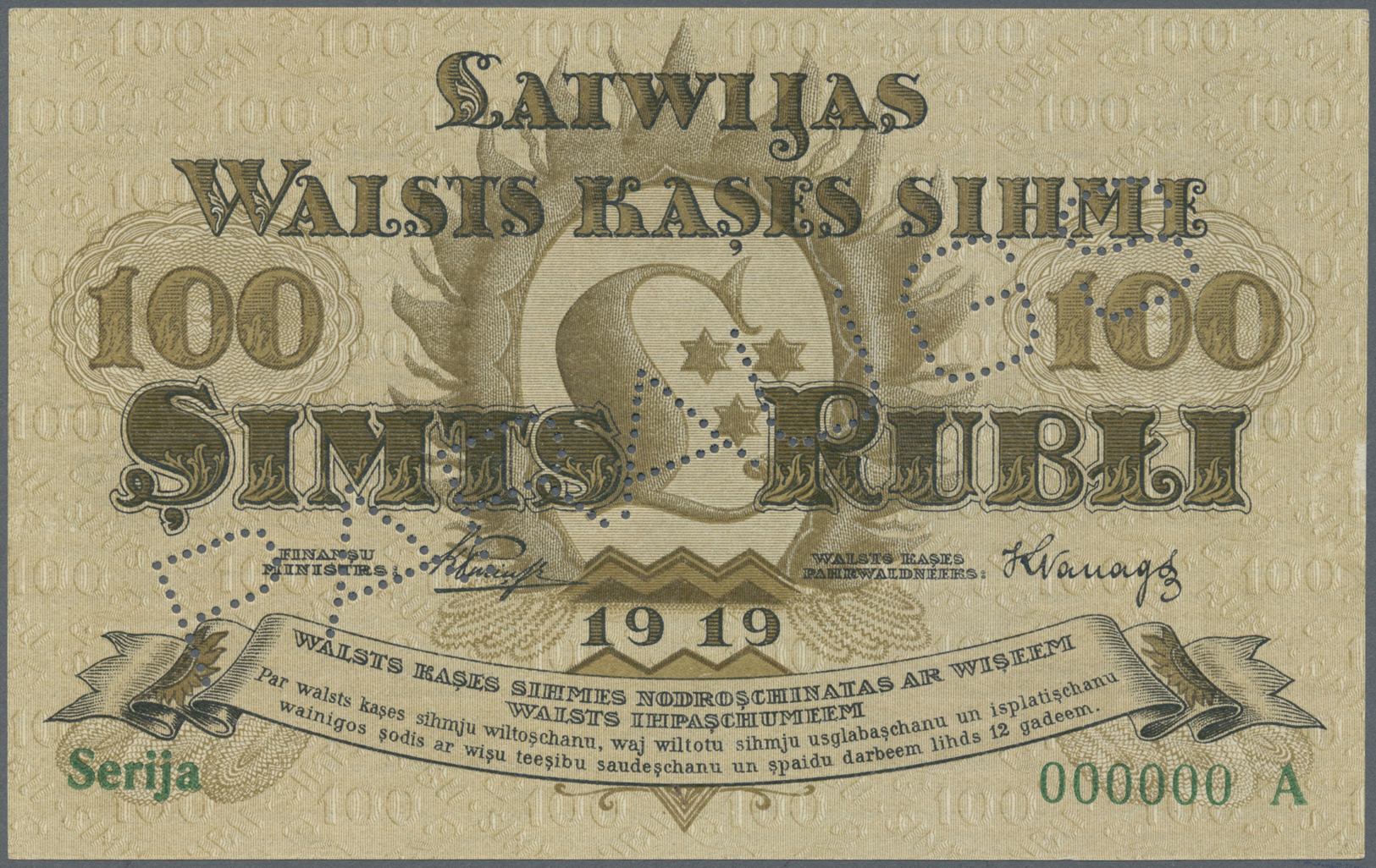 01419 Latvia / Lettland: Rare SPECIMEN Note Of 100 Rubli 1919 P. 7a-b,s, Series "A", Sign. Purins, Zero Serial Number, P - Latvia