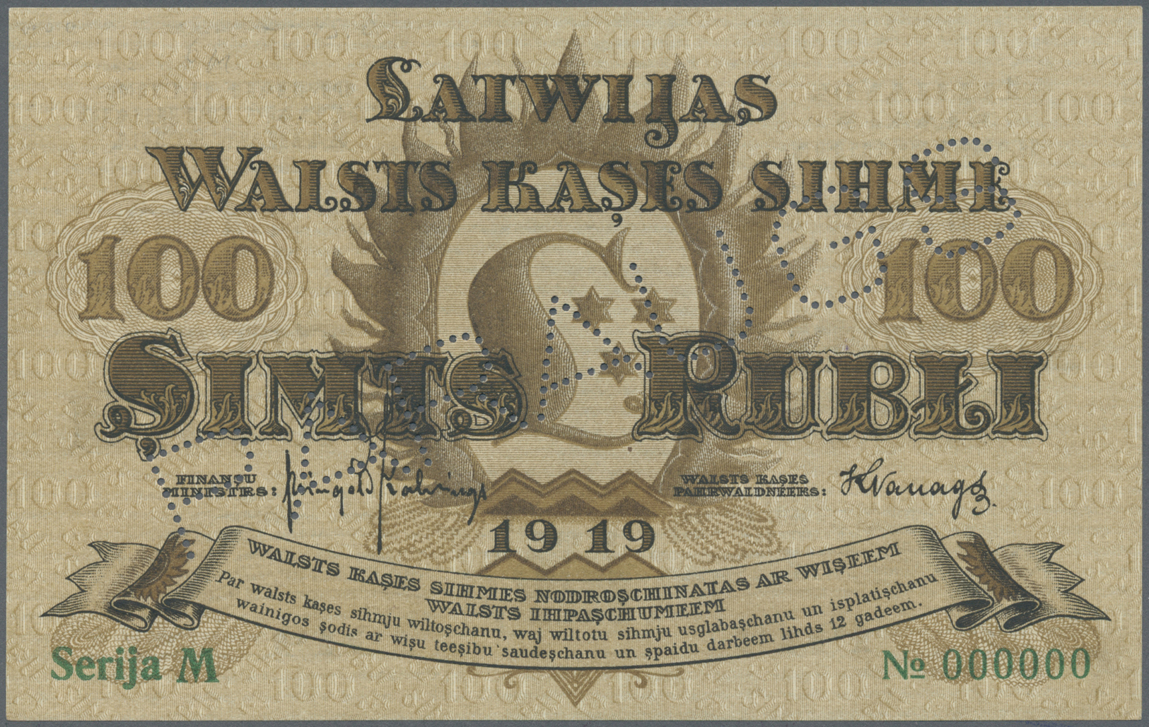 01425 Latvia / Lettland: 100 Rubli 1919 Specimen P. 7es, Series "M", Zero Serial Numbers, Sign. Kalnings, PARAUGS Perfor - Latvia