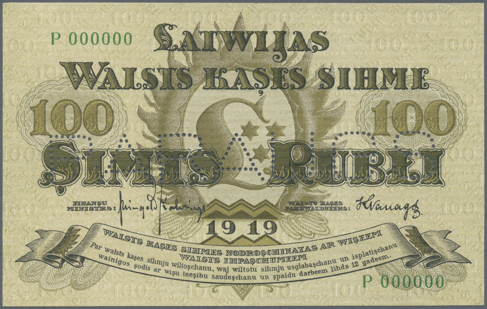 01426 Latvia / Lettland: 100 Rubli 1919 Specimen P. 7fs, Series "P", Zero Serial Numbers, Front And Back Printed Seperat - Latvia