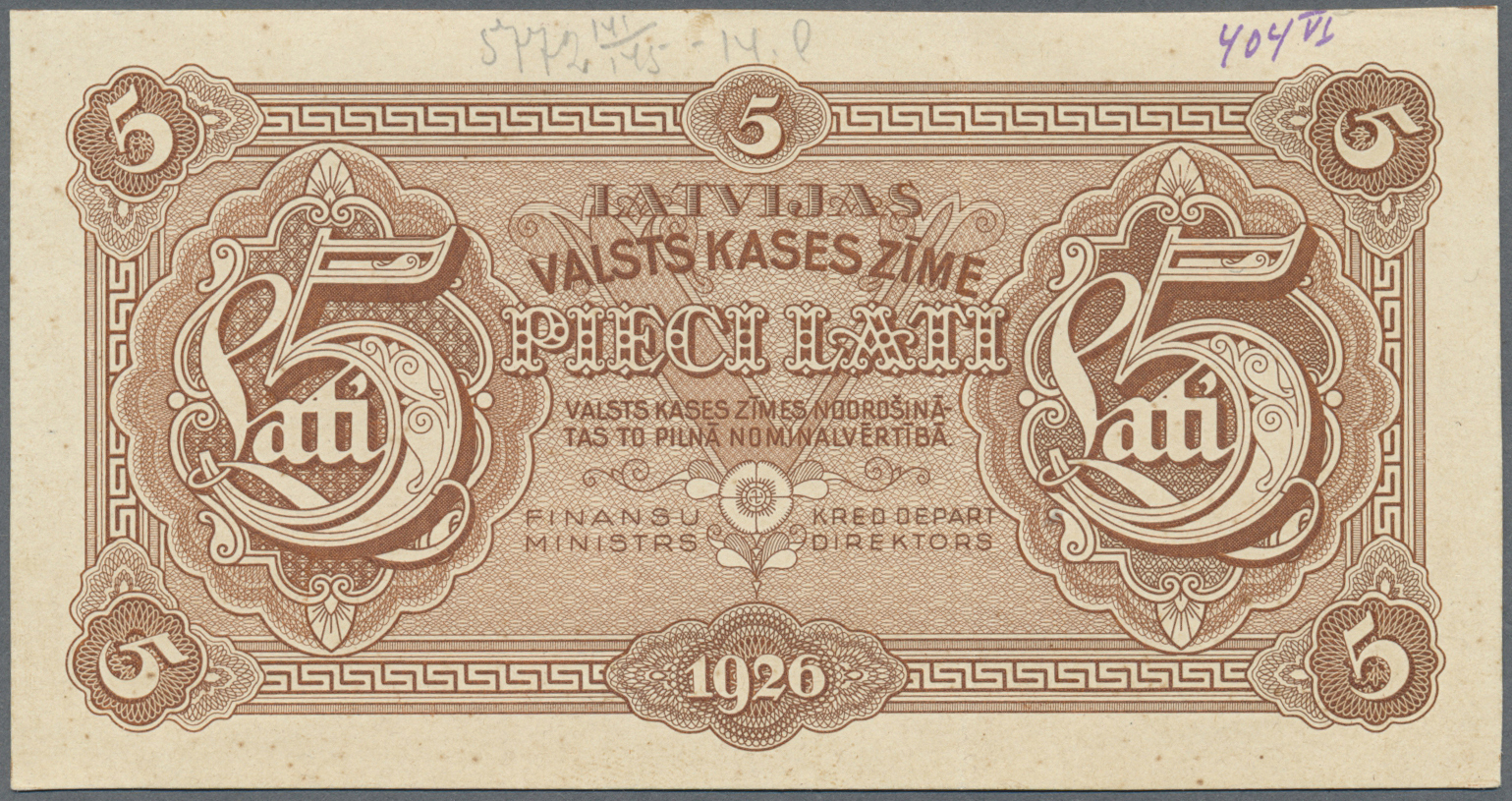 01488 Latvia / Lettland: Very Rare 5 Lati 1926 Front Proof Uniface Print P. 23p, Without Serial #, W/o Sign, Printers An - Latvia