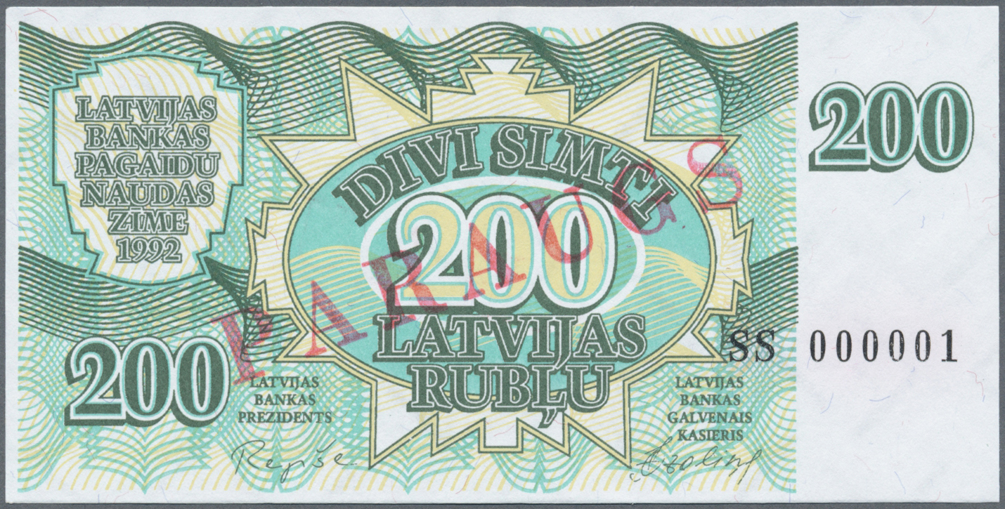 01528 Latvia / Lettland: 200 Rublu 1992 SPECIMEN P. 41s, Series "SS", Serial 000001, Sign. Repse, Ovpt. Paraugs, Officia - Latvia