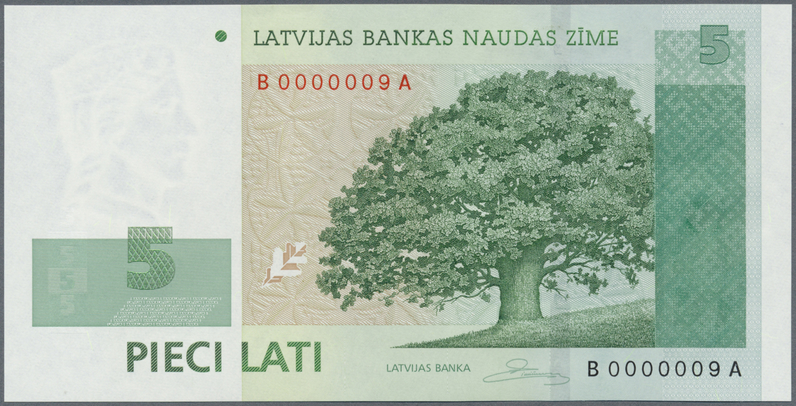 01545 Latvia / Lettland: 5 Lati 2009 P. 53c, With Very Low Serial # B0000009A, Sign. Rimsevics, In Crisp Original Condit - Latvia
