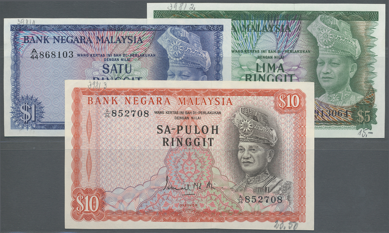 01644 Malaysia: Set With 1, 5 And 10 Ringgit Series ND(1967), P.1-3 With Title "GABENOR" At Lower Center On Front, All I - Malaysia