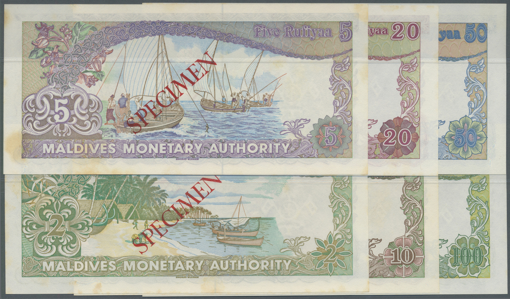 01648 Maldives / Malediven: Set Of 6 Specimen Notes From 2 To 100 Rupees 1983 P. 9s-14s Some With Foxing In Paper But Un - Maldives