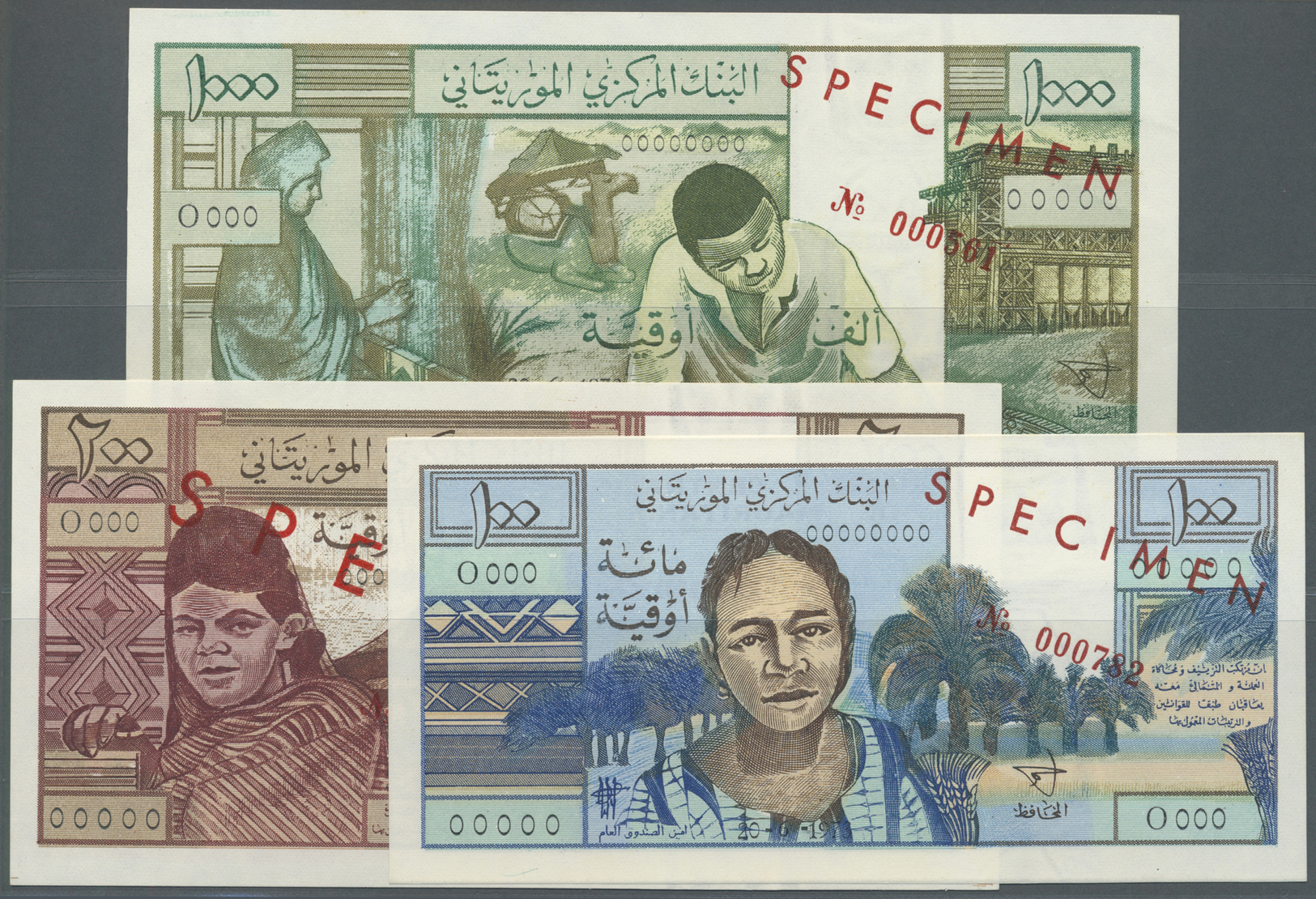 01684 Mauritania / Mauretanien: Set Of 3 Specimen Notes Containing 100, 200 And 1000 Ouguiya 1973 P. 1s-3s, First Two In - Mauritania