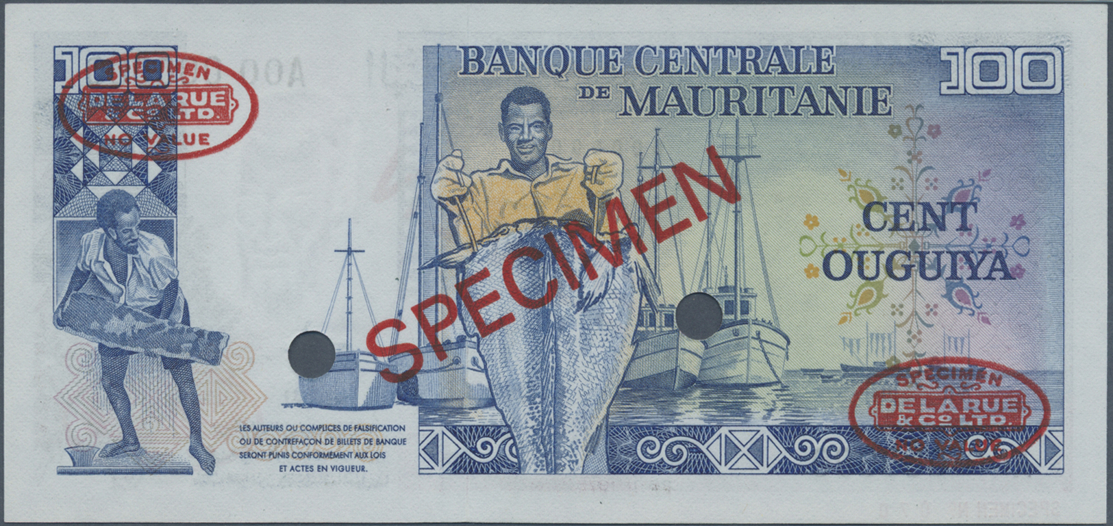 01686 Mauritania / Mauretanien: 100 Ouguiya 1975 Unissued Design Specimen Of De La Rue P. 3As, Condition: PMG Graded 64 - Mauritania