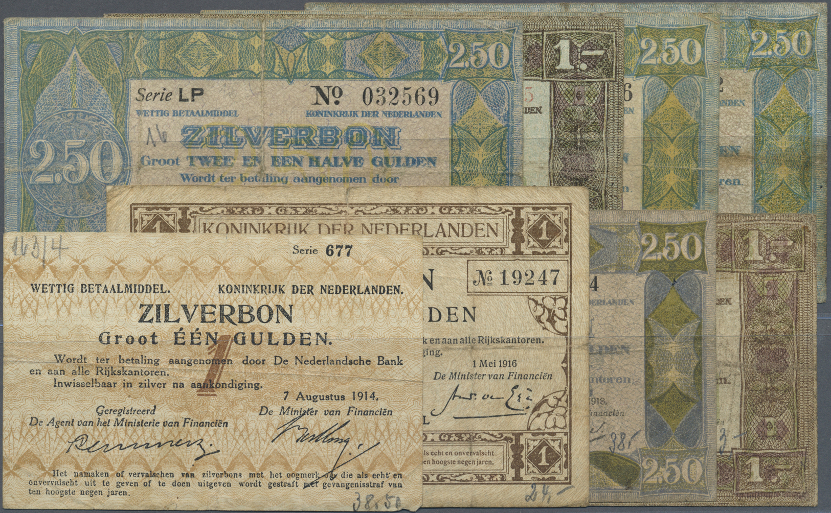 01806 Netherlands / Niederlande: Set With 8 Banknotes Of The Zilverbon Issues Containing 1 Gulden 1914 P.4 (F), 1 Gulden - Other & Unclassified