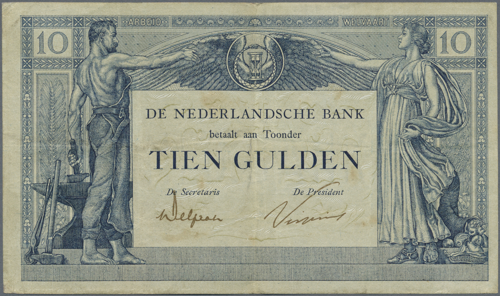 01808 Netherlands / Niederlande: 10 Gulden April 26th 1923, P.35, Several Folds And Creases And Some Minor Spots. Condit - Other & Unclassified