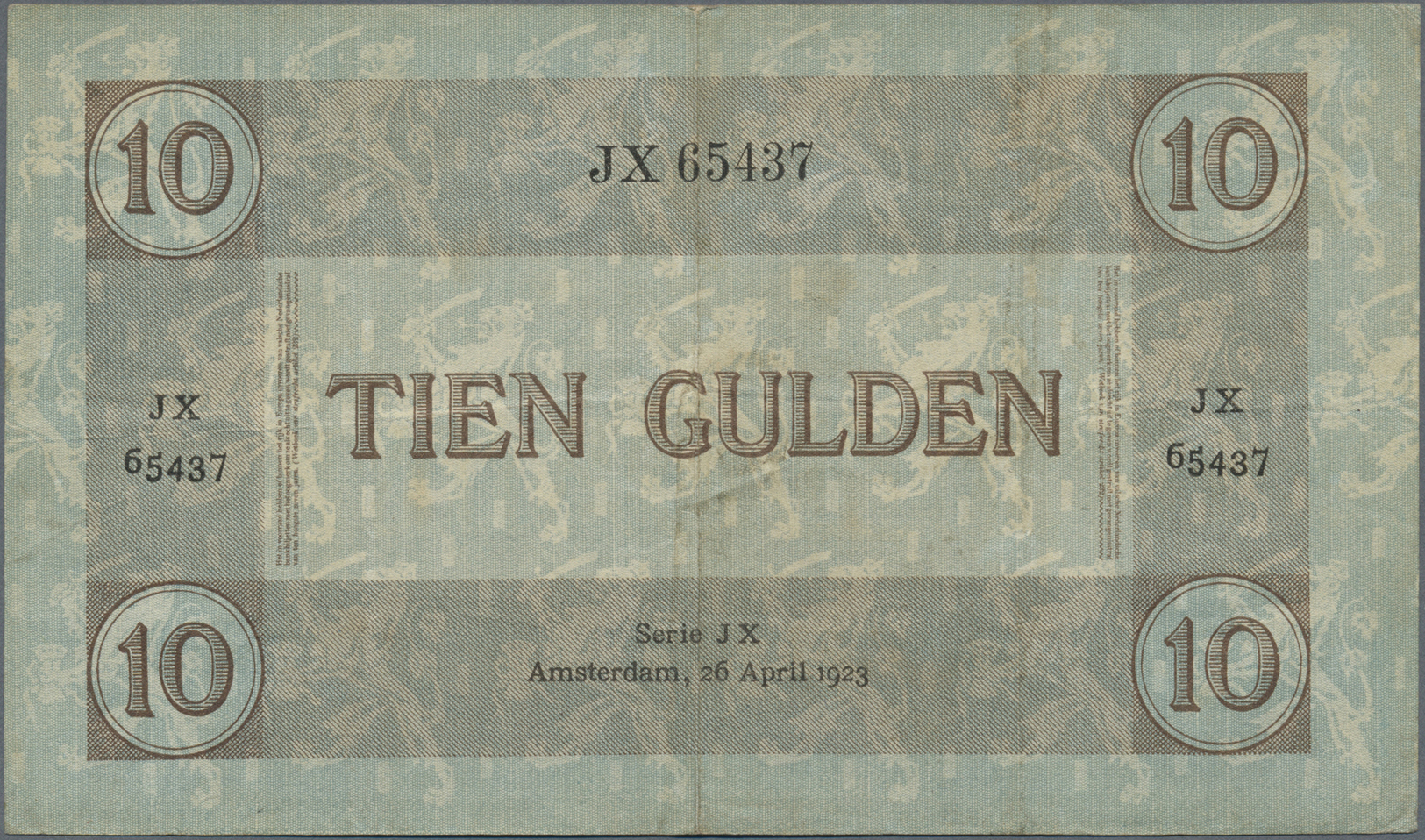 01808 Netherlands / Niederlande: 10 Gulden April 26th 1923, P.35, Several Folds And Creases And Some Minor Spots. Condit - Other & Unclassified