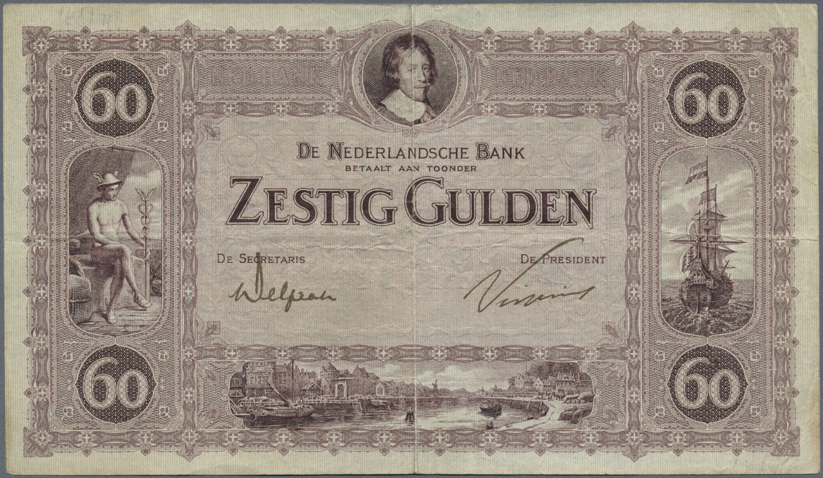 01811 Netherlands / Niederlande: 60 Gulden April 3rd 1923, P.38, Several Folds, Some Minor Spots And Tiny Pinholes At Up - Other & Unclassified