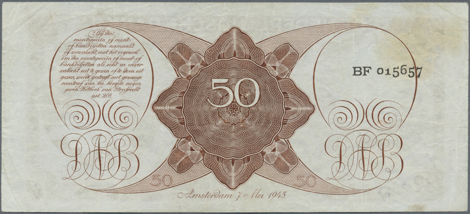 01815 Netherlands / Niederlande: 50 Gulden 1945, P.78, Rare Note In Nice Condition With A Few Folds And Creases, Stained - Autres & Non Classés