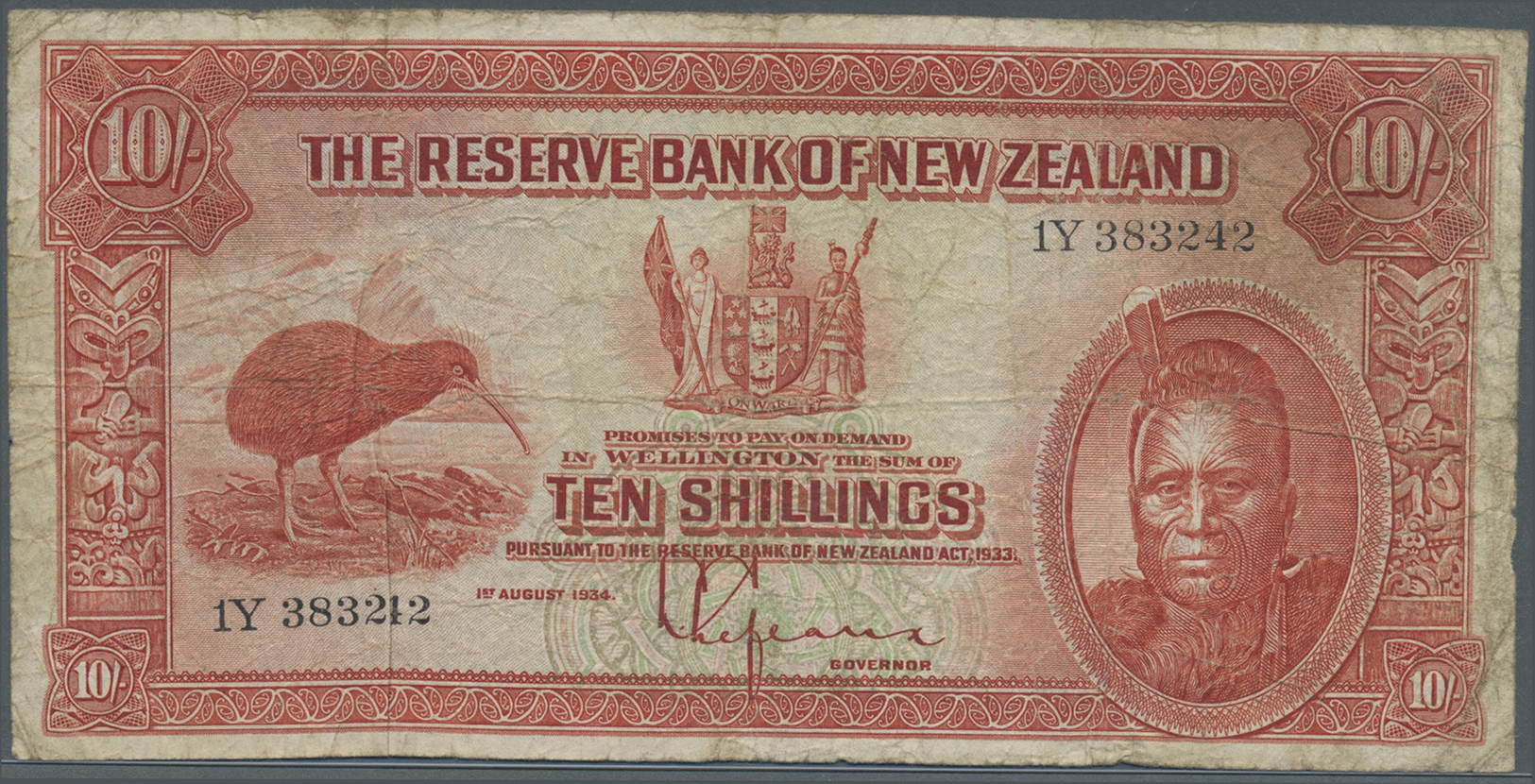 01833 New Zealand / Neuseeland: 10 Shillings ND P. 154, Used With Several Folds And Creases, Stain In Paper, Softness In - New Zealand