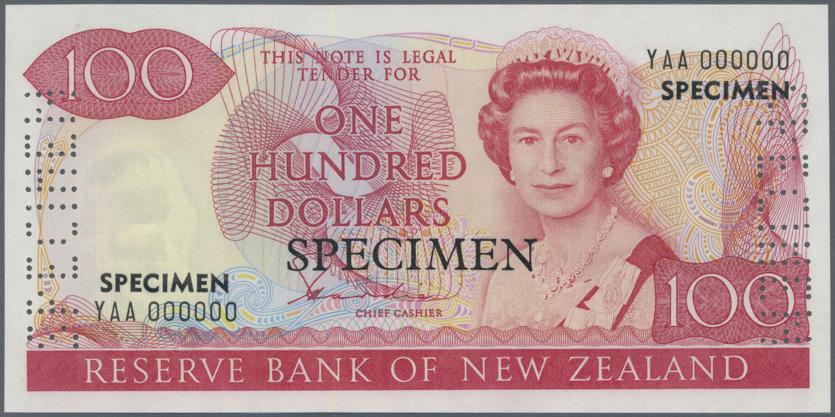 01844 New Zealand / Neuseeland: 100 Dollars ND(1981-89) SPECIMEN With Signature: Hardie, P.175s, Laminated Specimen In U - New Zealand