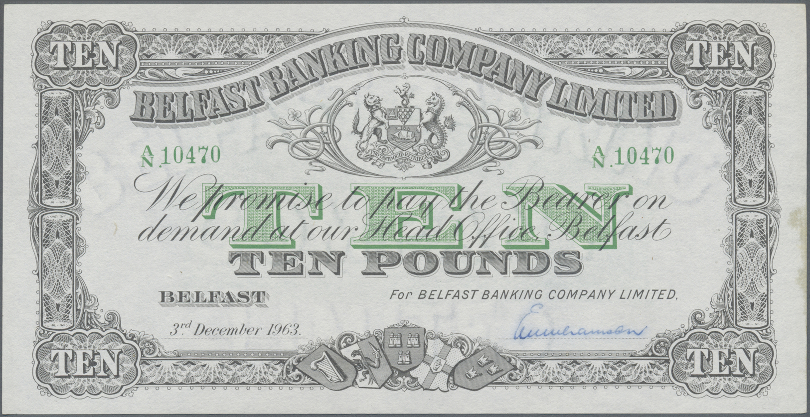 01881 Northern Ireland / Nordirland: 10 Pounds 1963 P. 128c, 2 Dints In Paper, Stain Trace At Right Border, Otherwise Pe - Other & Unclassified