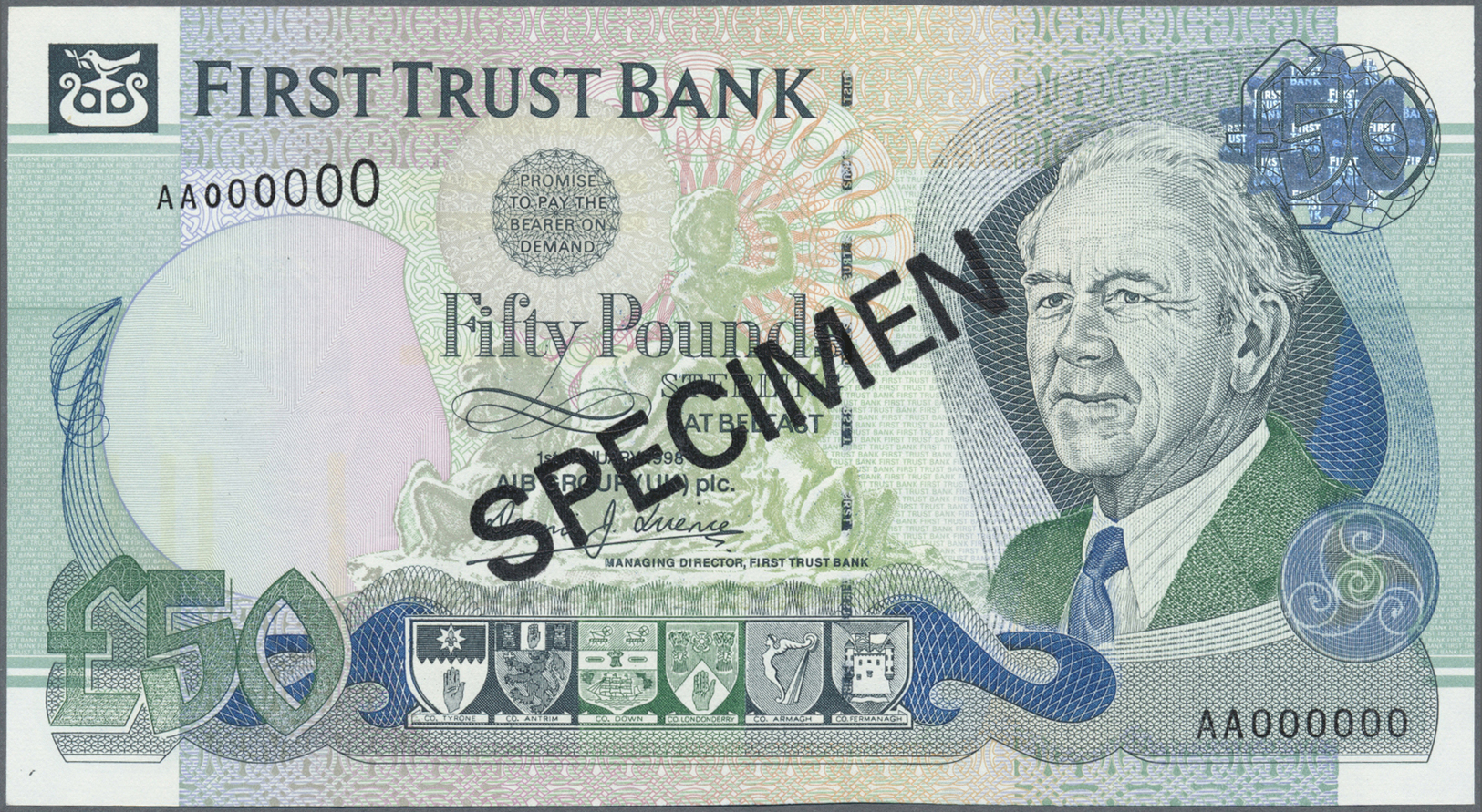 01887 Northern Ireland / Nordirland: First Trust Bank 50 Pounds 1998 SPECIMEN P. 138s, Zero Serial Numbers, Black Specim - Other & Unclassified