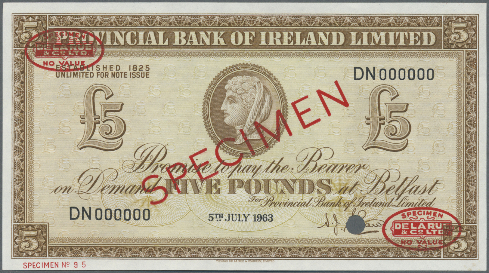 01903 Northern Ireland / Nordirland: Provincial Bank Of Ireland 5 Pounds 1963 TDLR Specimen, P.244s In UNC Condition - Other & Unclassified