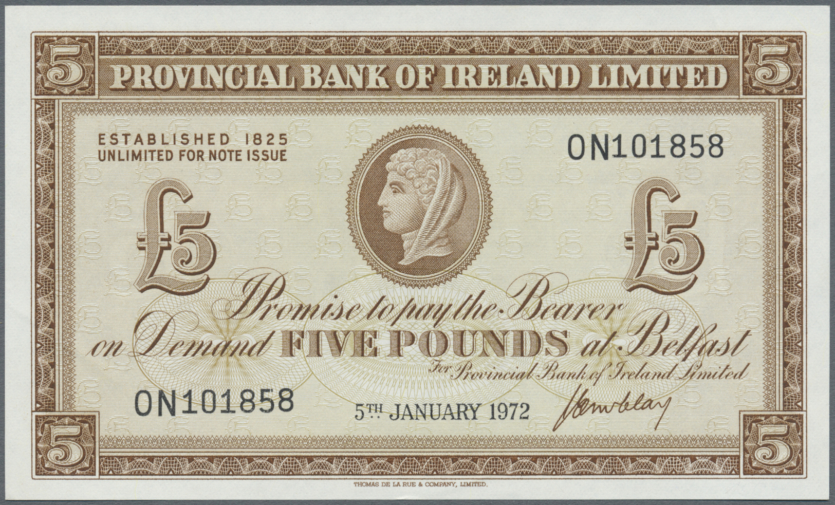 01904 Northern Ireland / Nordirland: 5 Pounds 1972 P. 246, 2 Light Dints In Paper, Otherwise Perfect, Condition: AUNC. - Other & Unclassified