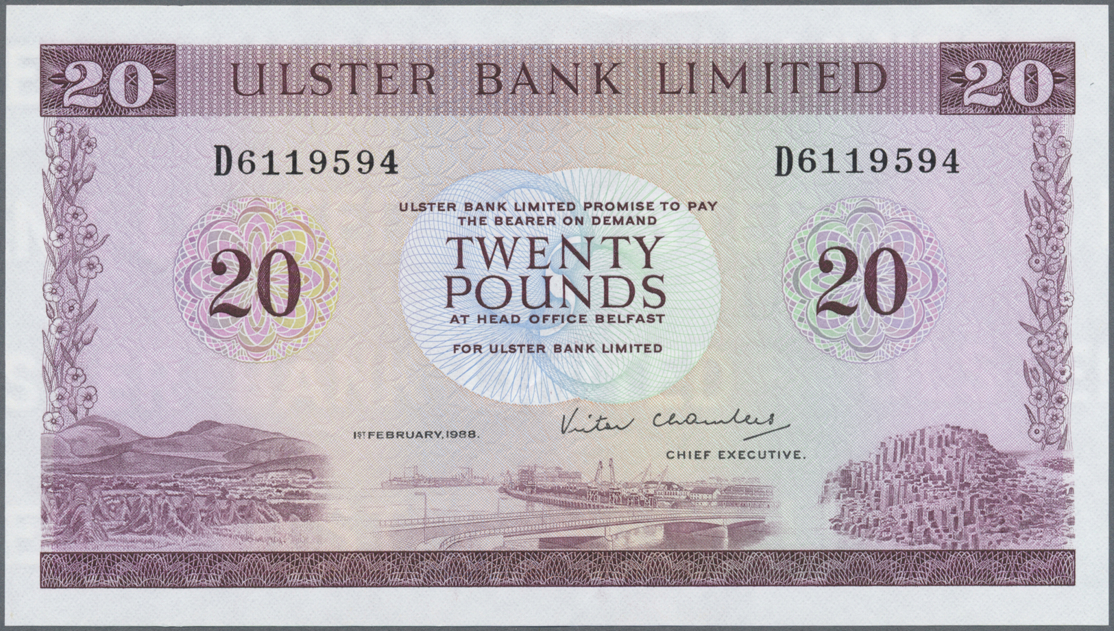 01905 Northern Ireland / Nordirland: Ulster Bank Limited 20 Pounds 1988 P. 328c, Light Dint And Crease In Paper, In Cond - Other & Unclassified