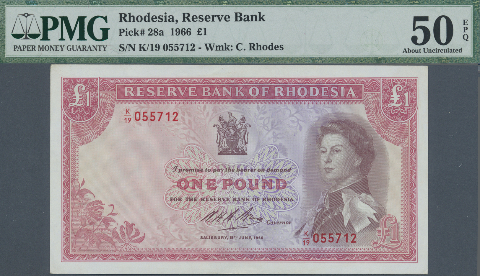 02035 Rhodesia / Rhodesien: 1 Pound 1966 P. 28a In Condition: PMG Graded 50 AUNC EPQ. - Rhodesia