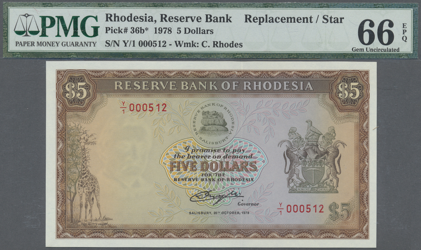 02038 Rhodesia / Rhodesien: 5 Dollars 1978 With Watermark C.Rhodes And Replacement Series With Serial Letter "Y/1", P.36 - Rhodesia
