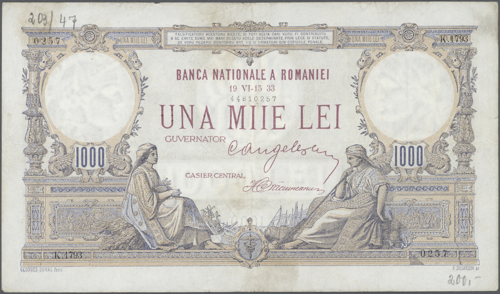 02042 Romania / Rumänien: 1000 Lei 1933, P.34, Very Nice And Rare Note With Lightly Stained Paper, Some Folds, Tiny Bord - Romania